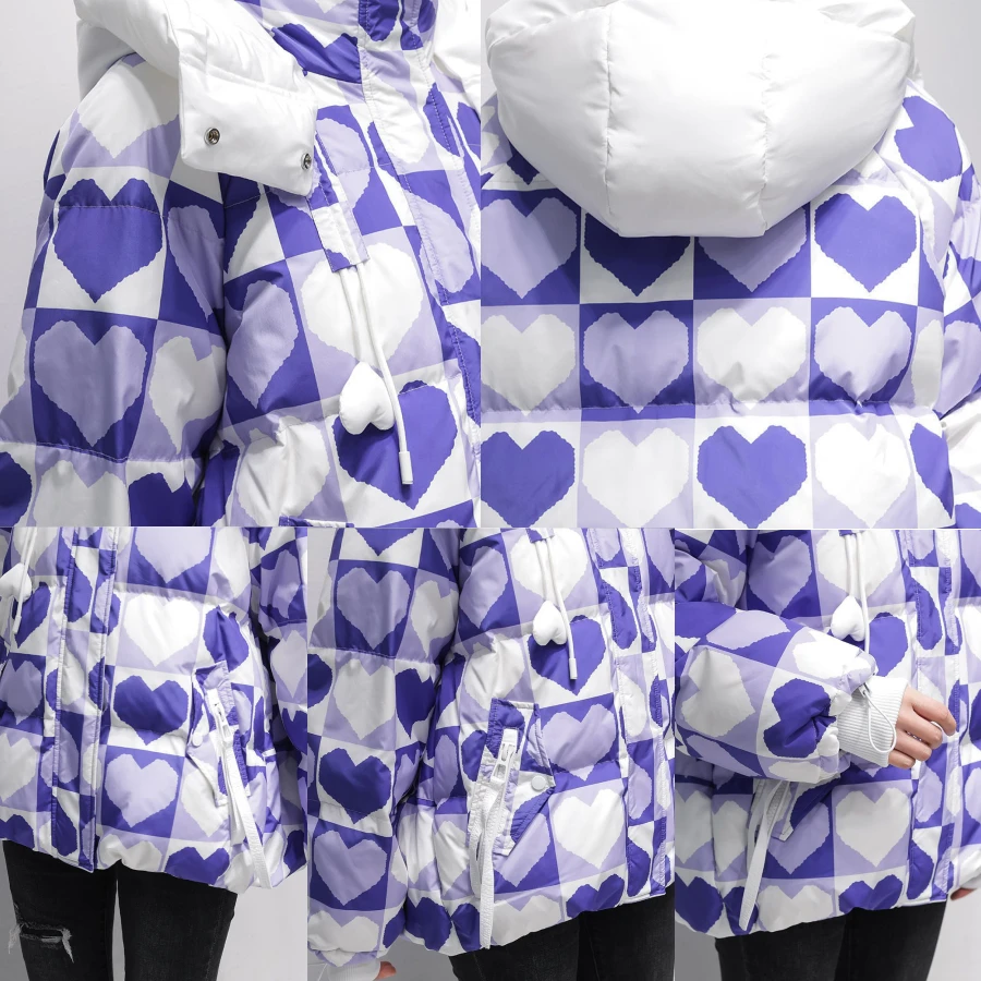 Short Winter Hooded Heart Print Women Jacket Warm Thick Parka Cotton Padded Coat Snow Waterproof Outwear Casual Korean Abrigo