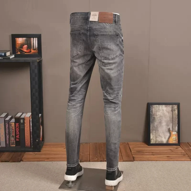 Autumn Men Dark Gray Jeans Streetwear Slim Fit Straight Pants Korean Style Fashion Scratched Denim Trousers CP2030