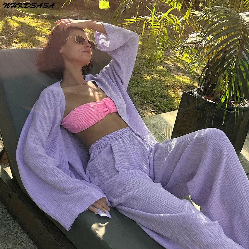 

Повседневный однотонный хлопковый кардиган, комплект из 2 предметов, женская пижама, Свободный Топ на шнуровке с длинным рукавом, брюки с широкими штанинами, костюмы 2022, женская одежда