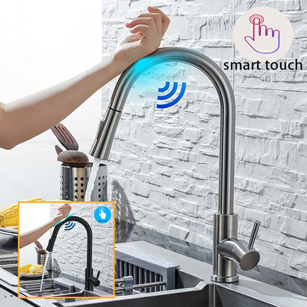 

Stainless Mixed Control Black Sink Tap Kitchen Touch Brushed Smart Pull Tap Out Nickle Induction Sensor Faucet Steel