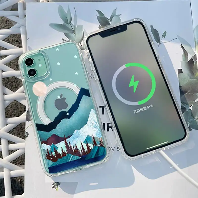 

paint landscape Phone Case For iPhone 13 12 11 Mini Pro Max transparent Super Magnetic MagSafe Cover