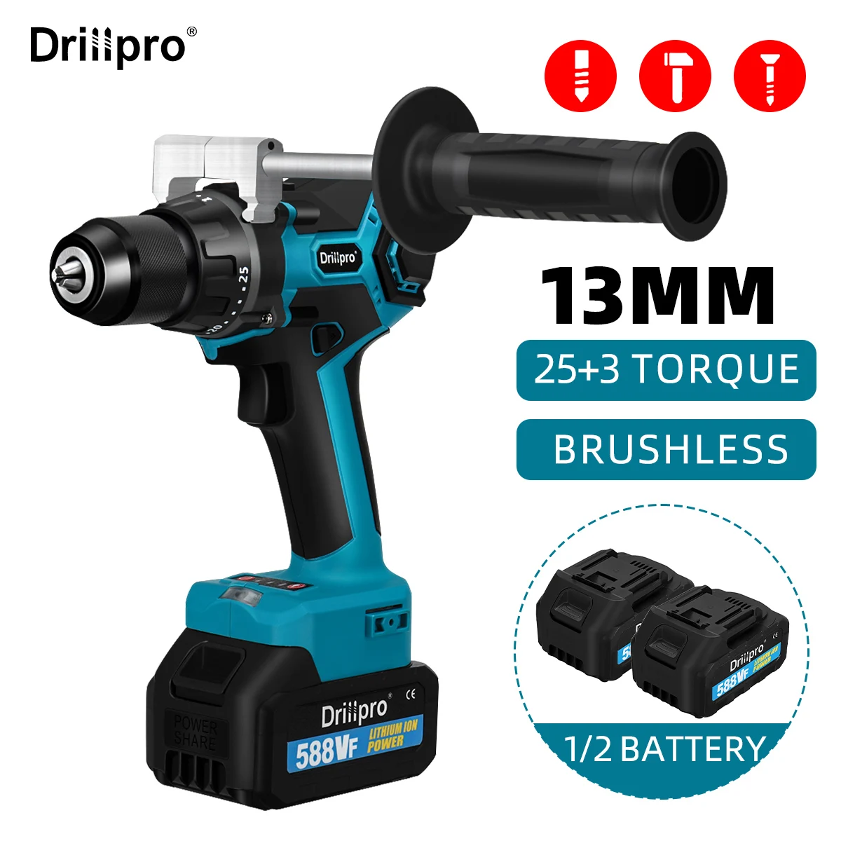 

Drillpro Brushless Electric Impact Drill 25+3 Torque 13mm Screwdriver Auxiliary Handle with 2 Batteries for Makita 18V Battery