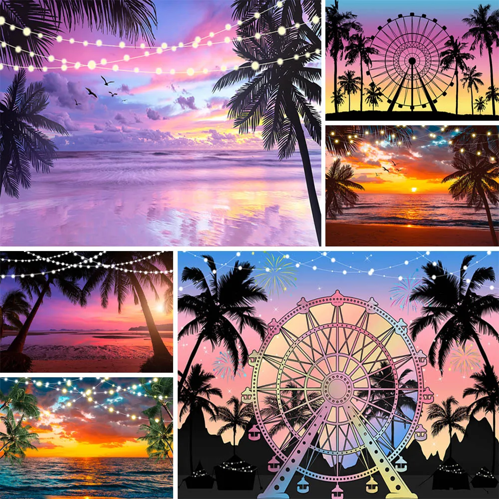 

Summer Tropical Seaside Sunset Backdrops Beach Ferris Wheel Decor Hawaiian Holiday Aloha Party Birthday Background Photo Studio