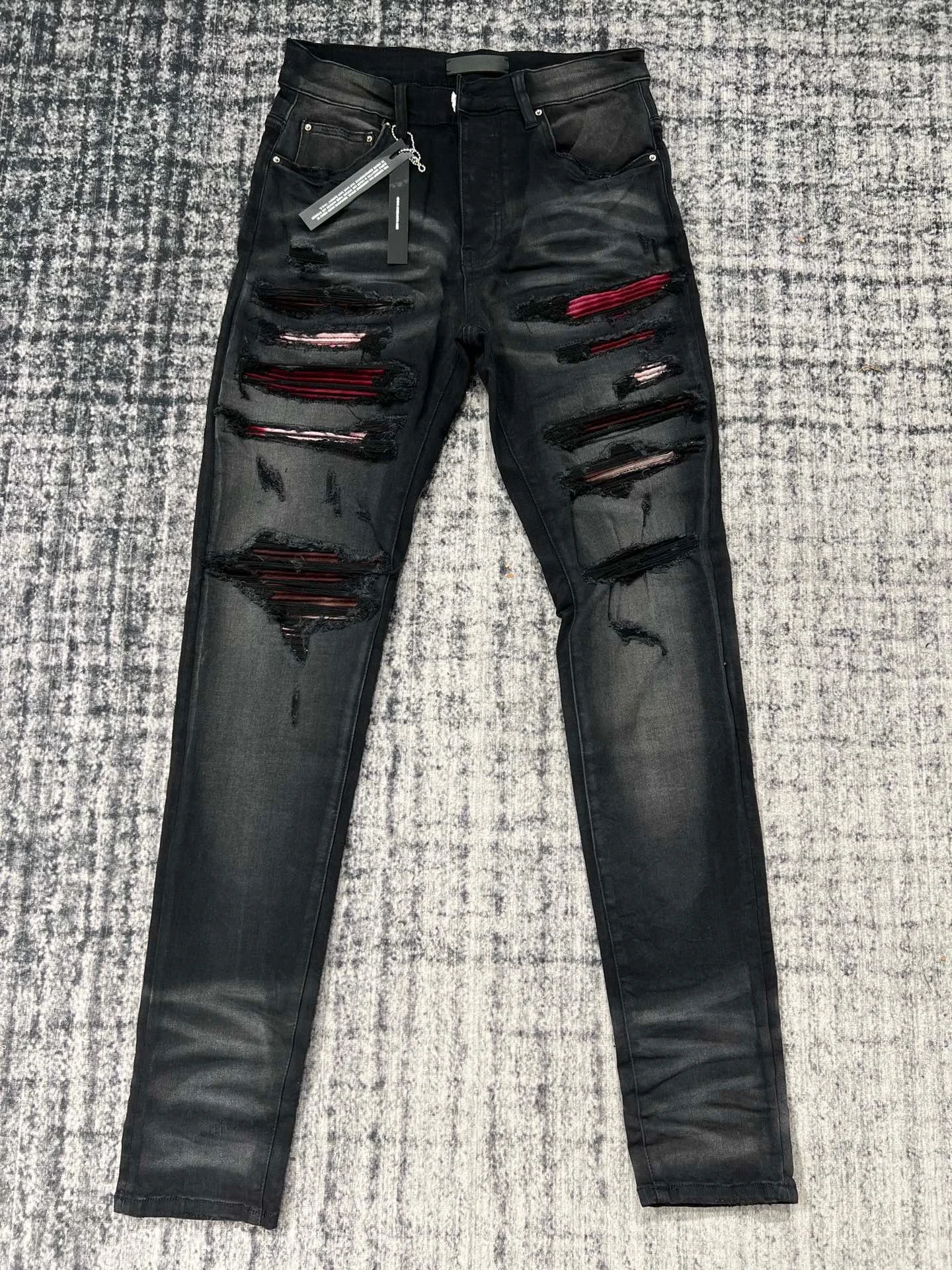 

High Street fashion's new aged wash jeans cashew floral print ripped red patch casual trousers man jeans