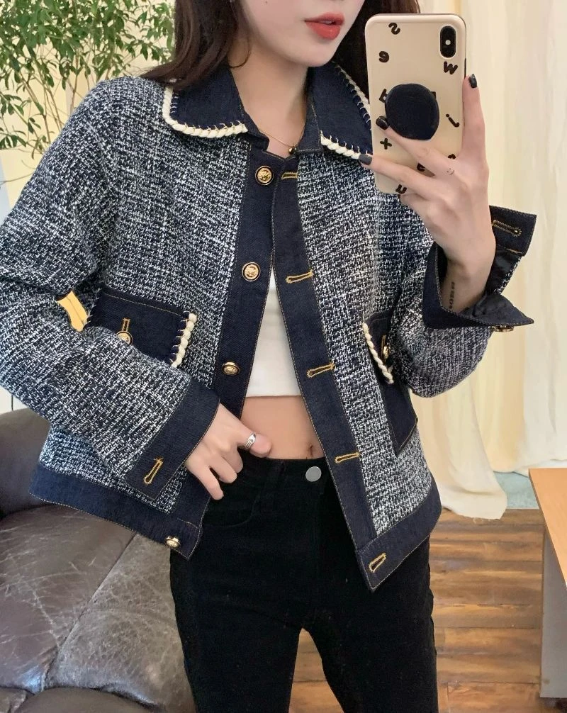 

Autumn New Women Metal Buttons Plaid Coat Vintage Denim Patchwork Y2k Tweed Jacket Korean Chic Temperament Tuen Down Collar Coat