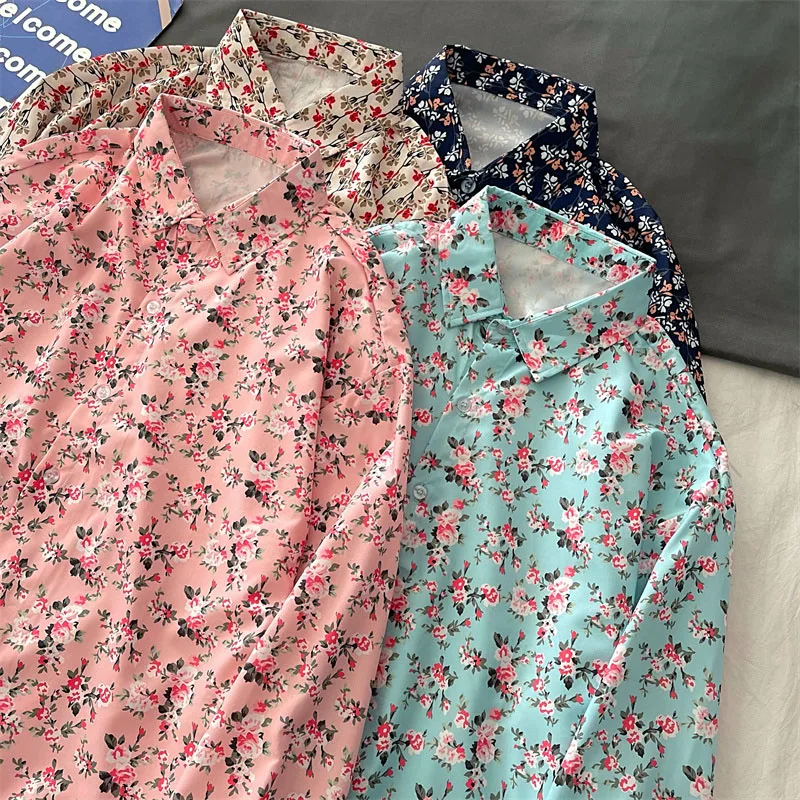 

EBAIHUI Women Shirts Oversized Flower Print Top Turn-down Collar Leisure Fashion Loose Spring Long Sleeves Chic Korean Blouse