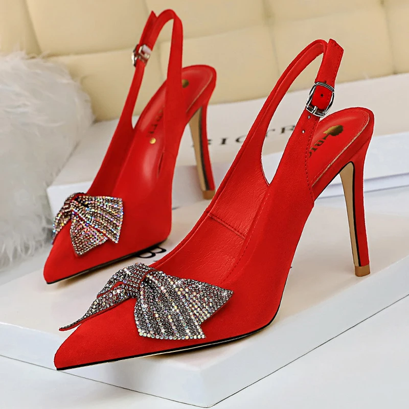 

Shoes Rhinestone Bow Woman Pumps High Heels Luxurious Wedding Shoes Stiletto Ladies Shoes Suede Women Sandals Size 42 43