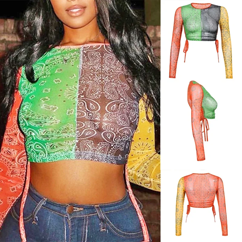 

Sexy Color Matching Print Short Pleated Mesh T-Shirt Top O-Neck Mesh Female T-Shirt Summer Casual T-Shirt