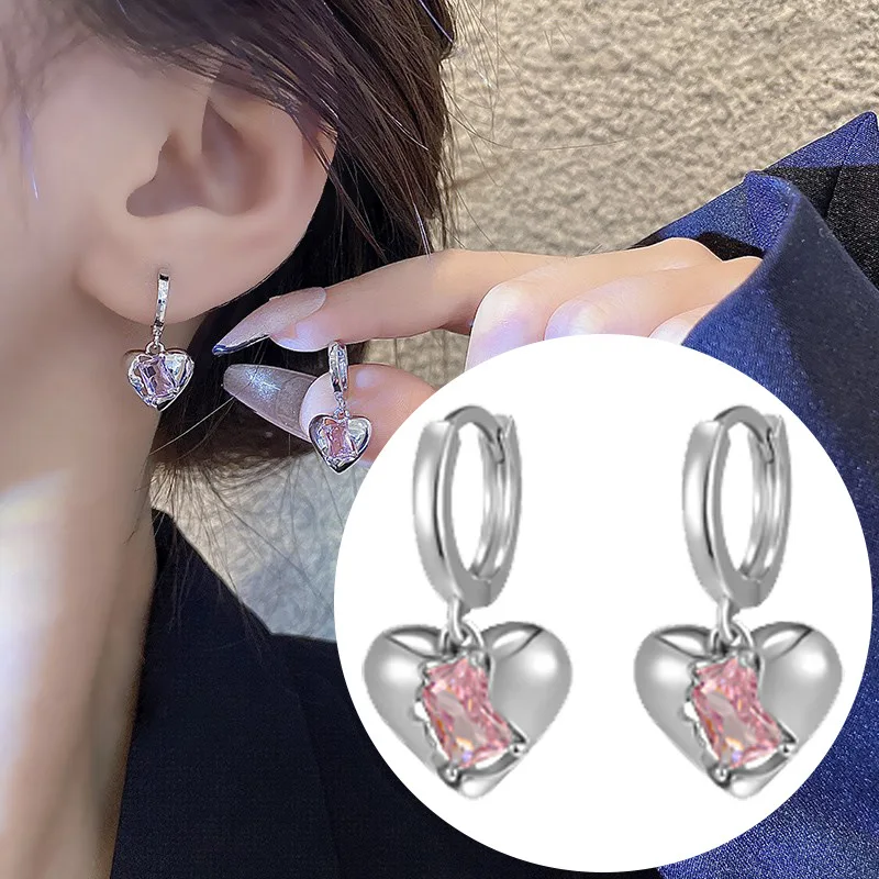 

Silver Plated Love Heart Pink Rhinestone Drop Earring for Women Fashion Exquisite Heart Charm Minimalist Earrings Party Jewelry