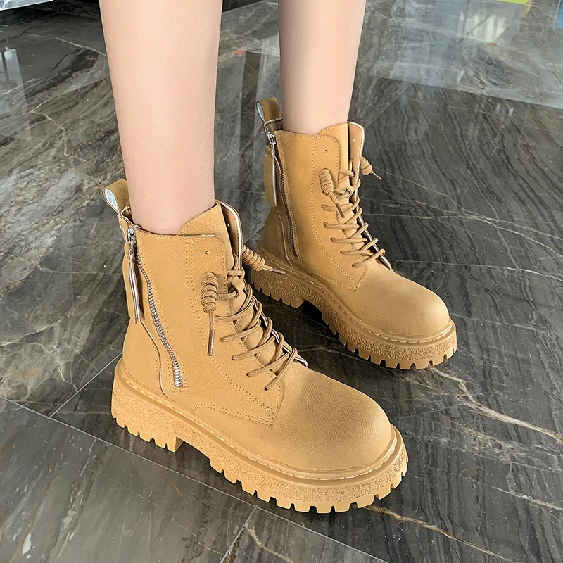Ankle Boots for Women's Ladies Fashion Lace Up Martin Boots 2022 Winter New Women Pu Leather Platform Short Boots Botines Mujer