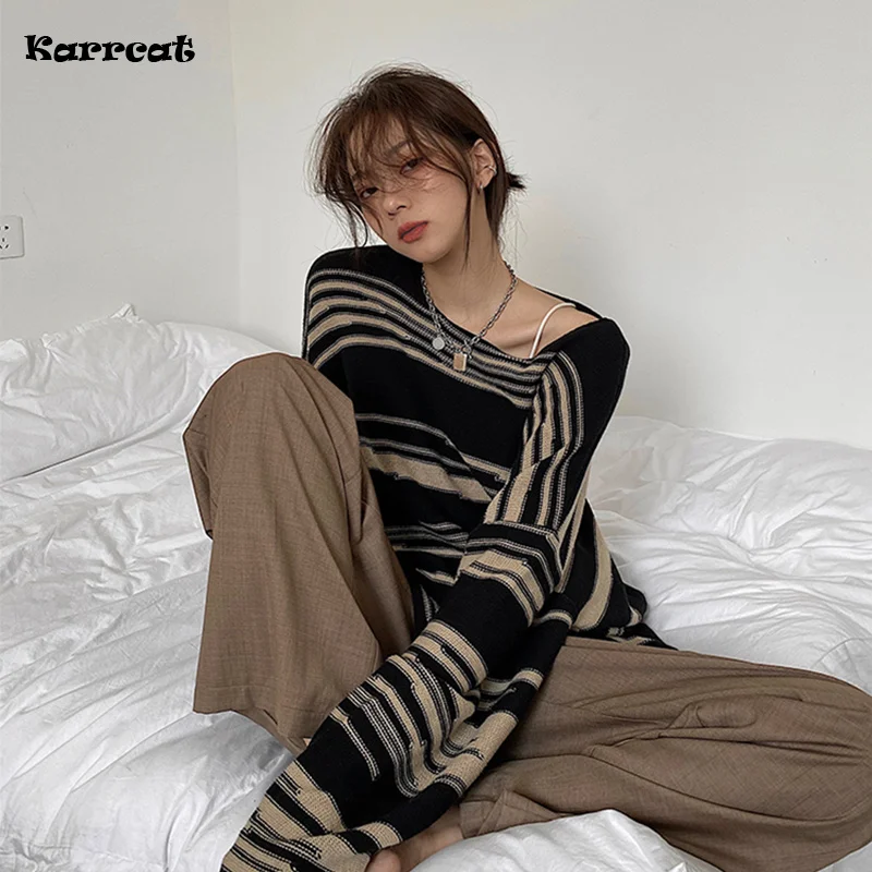 

NEW Woen Punk Gothic Striped Long Sleeve Loose Patchwork Sweater Hip Hop Retro Oversize Pullover Casual Knitted Jupers