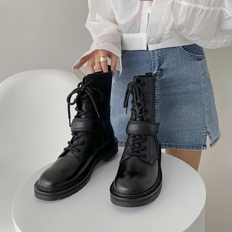 

Martin Cowhide Woman Women Shoe Street Style Ladies Shoes Lace-Up Ankle Motorcycle Boots Neutral botas de mujer