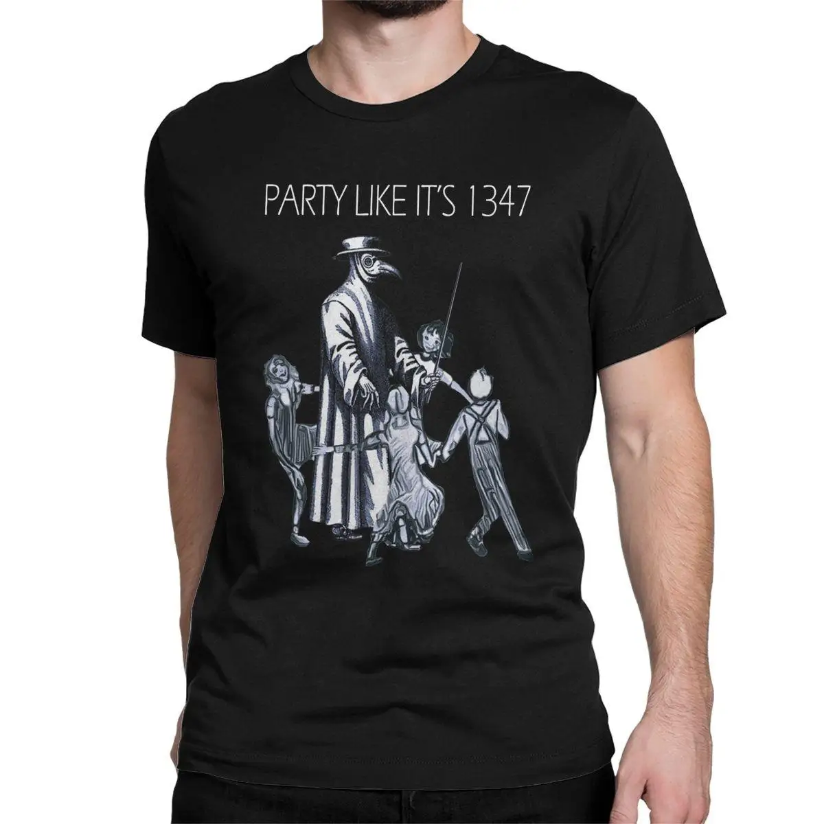 

Men T-Shirt Party Like It's 1347 Again Plague Doctor Casual Pure Cotton Tees Raven Black Death T Shirt Clothes Printed