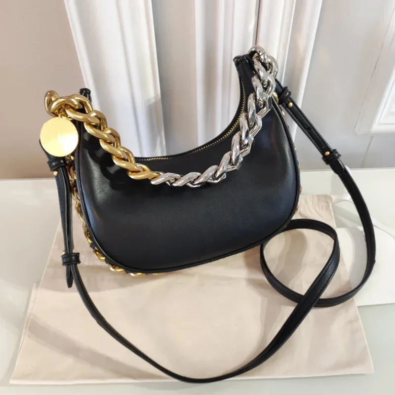 

New Womens Cow Leather Letter Crescent Chain Shoulder Bag Real Skin Lady Casual Crossbody Luxury Designer Handbagser Handbags
