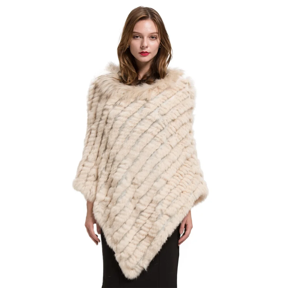 

2022 Women's Poncho Real Rabbit Fur Knitted Shawl Raccoon Fur Collar Top Quality Large Cape Fashion Style