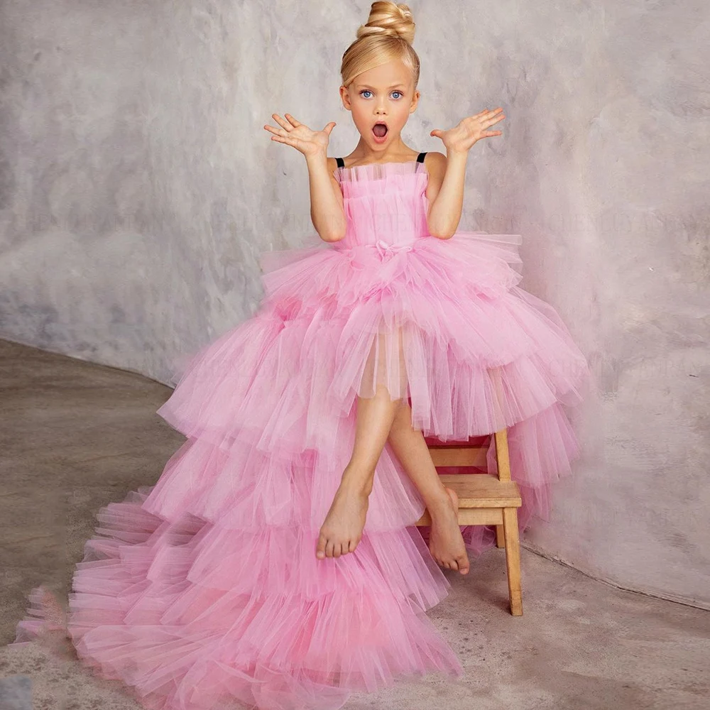 

Pink Flower Girls Dresses 2023 Spaghetti Strap Hi-Lo Elegant Kids Wedding Party Dress Sweep Train Puffy Girl Princess Gowns