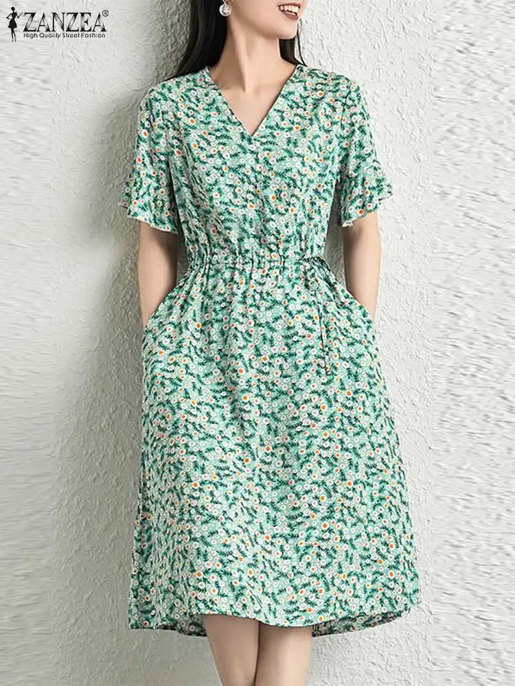 

ZANZEA Women Summer Short Sleeve Sundress Elegant Printed Midi Dress 2022 A Line Pockets Sexy V Neck Party Robes Femme Oversized