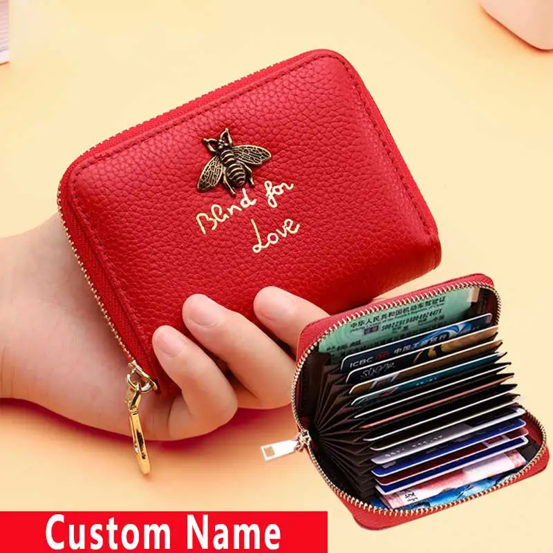 

Women Card Holde Genuine Leather Bee Card Wallet 12 Bits Rfid Blocking Wallet Bank Id Clip Large-Capacity Coin Purse Custom Name