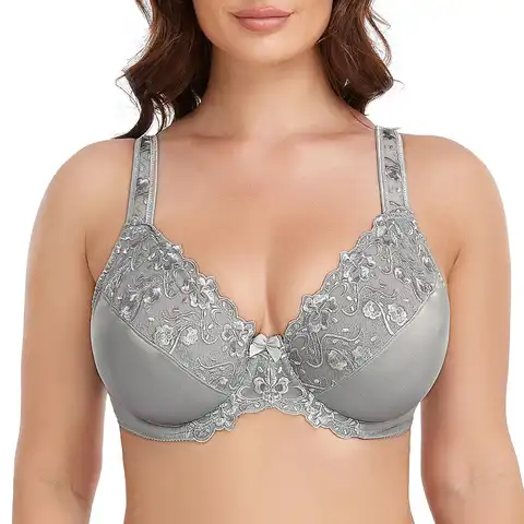 Embroidery Bras Underwear Women Plus Size Sexy Thin Bra Lace Bra Black Gray Underwired 36 38 40 42 44 46 48 50 52 54 F G H I Cup