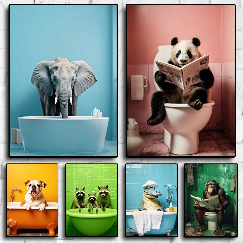 

Nordic Modern Funny Bathroom Animals Poster Elephant Monkey Panda Aesthetic Picture Toilet Room Wall Canvas Print Art Home Decor