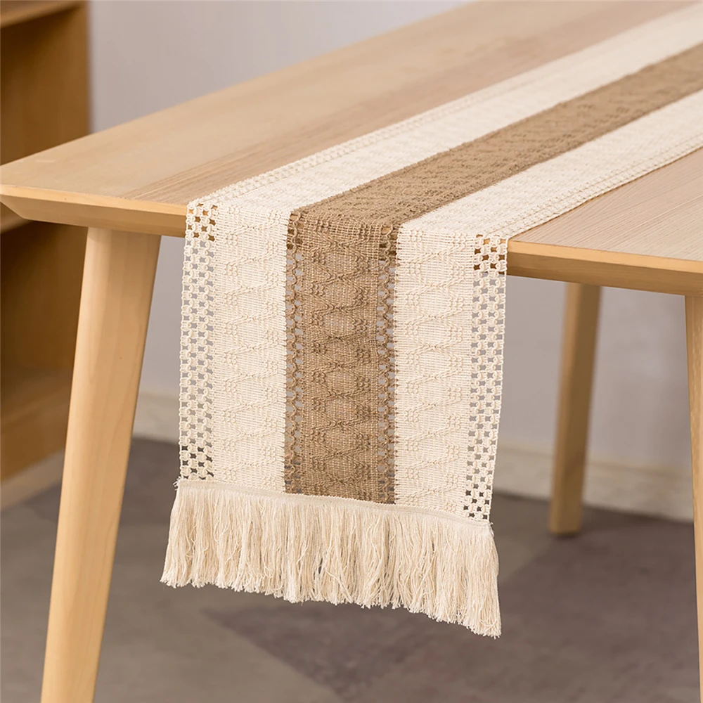 

Log Wind Style Cotton Linen Stitching with Tassel Table Runners 30x180cm Wedding Party Banquet Dinner Tablecloth Table Decor