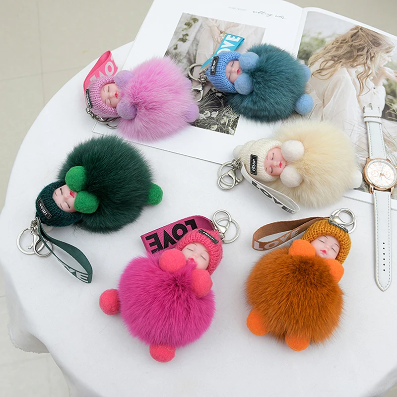 

Pompom Sleeping Baby Keychain Cute Fluffy Plush Doll Keychains Women Girl Bags Keyrings Cars Key Ring Gift Charming Decoration