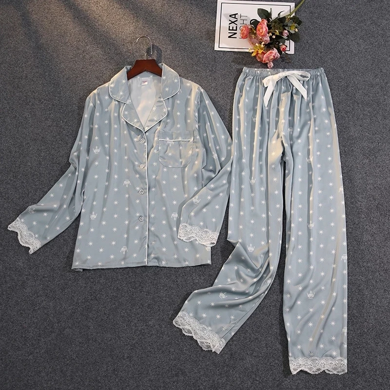 

Women's Autumn Two-piece Suit Print Fashion Women Pajama Set Sweet Lace Cuff Trousers Long Sleeve Suit Pyjamas Home Sleepwear