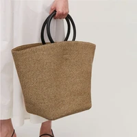 jiomay women straw top handle bag 2022 female fashion casual designer purse and handbag solid color open woven beach bucket bag