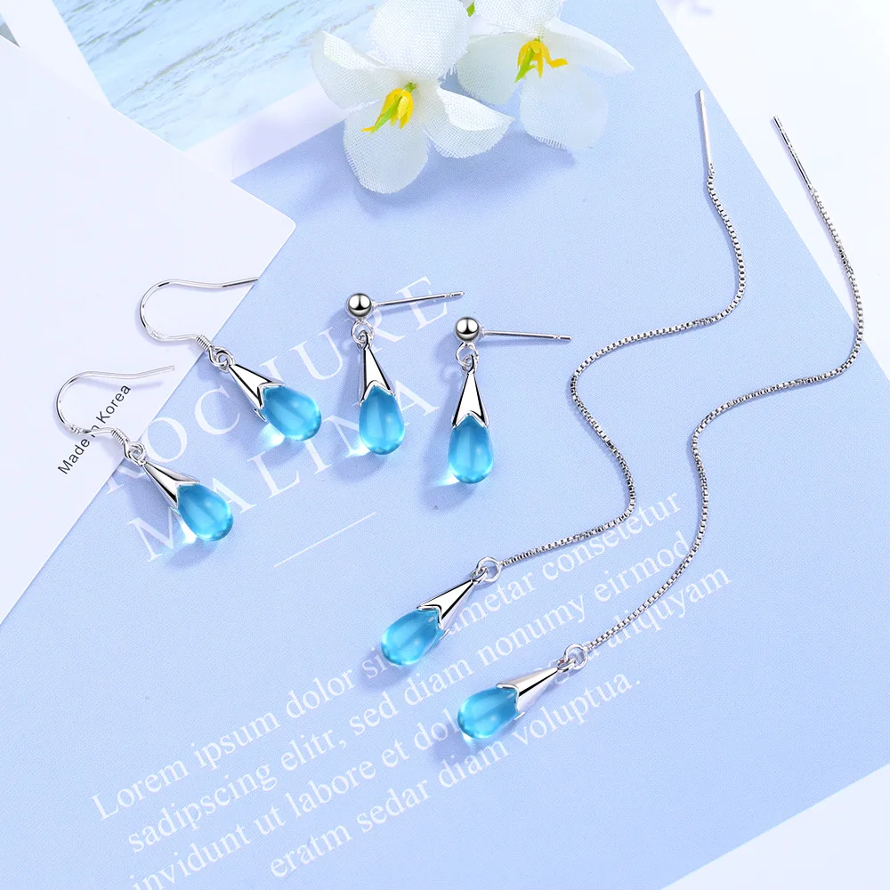 

925 Sterling Silver Aretes De Plata De Ley 925 Mujer Stud Earring for Women Bohemia Water Drop SAPPHIRE Orecchini Female Earring