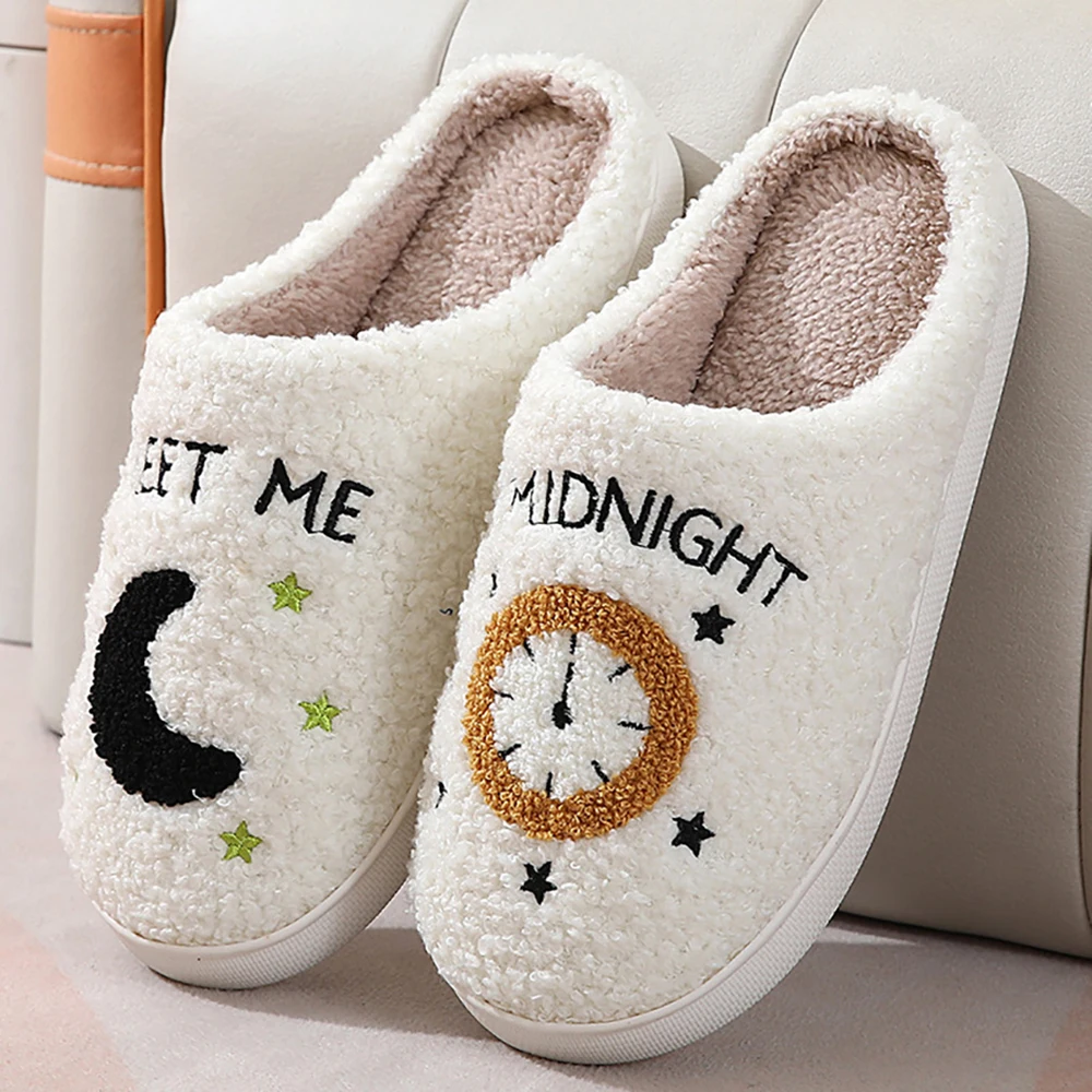 

Winter Cotton Slippers Men and Women Soft Elastic Medium Bottom Couple Home Moon Clock Warm Indoor Velvet Thickened Slippers