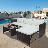 3 Pieces Patio Furniture Sets Outdoor All-Weather Sectional Patio Sofa PE Rattan Manual Weaving Wicker Conversation Glass Table