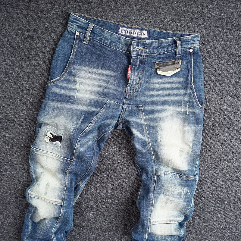 Street Fashion Vintage Men Jeans Retro Blue Stretch Slim Fit Spliced Designer Patch Ripped Jeans Men Hip Hop Biker Pants Hombre