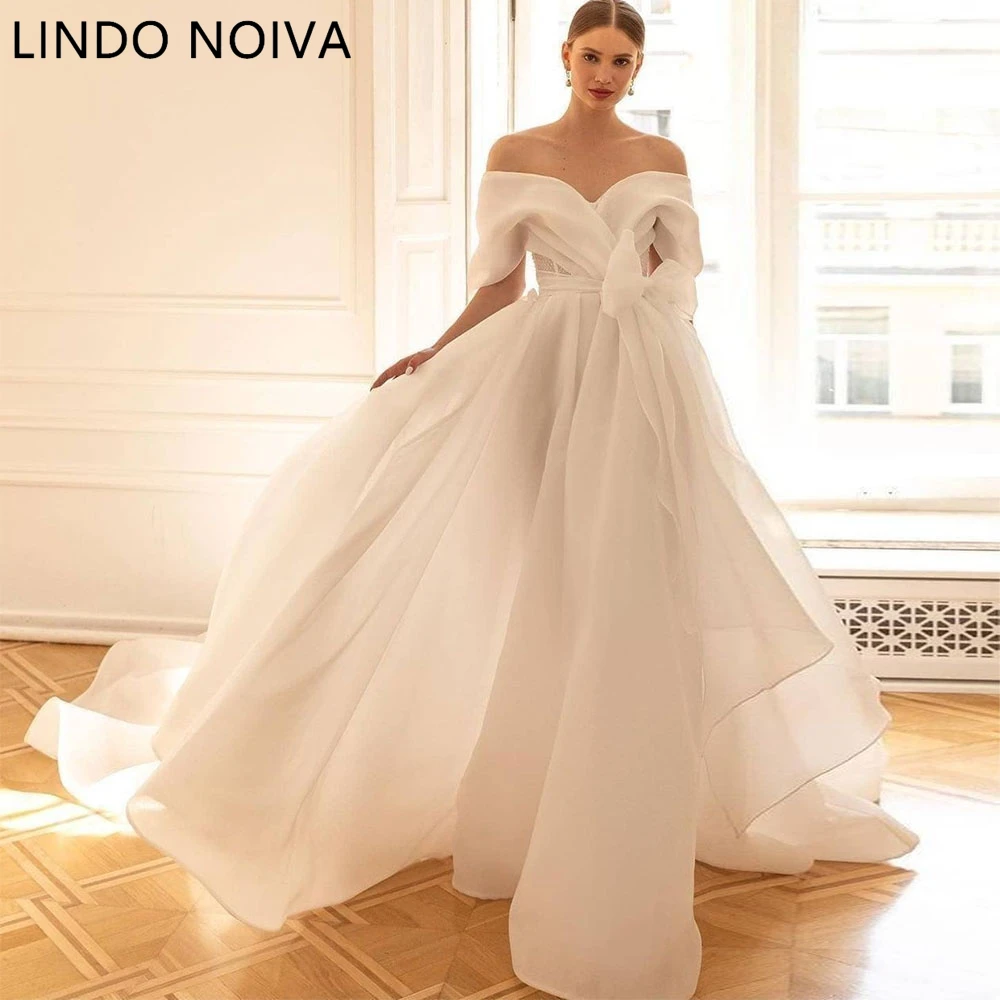 

Boho Organza Wedding Dresses with Big Bow Off the Shoulder Crystal Bridal Dress Custom Made 2023 Wedding Gowns