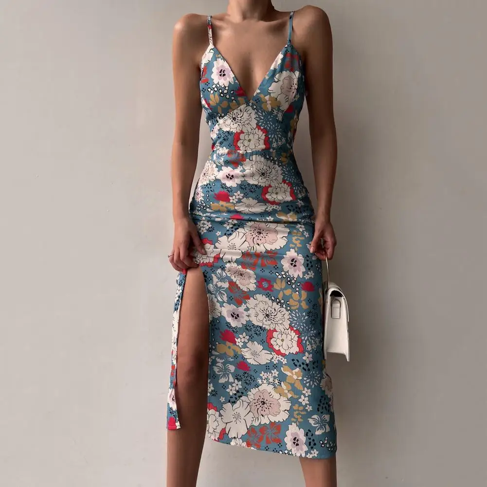 

Charming Midi Dress Suspender Mid-Calf Length Lady Dress Ladies Summer Flower Print Spaghetti Straps Dress