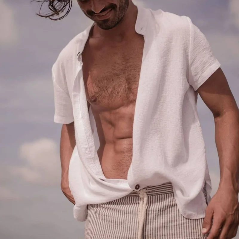 Men Shirt Summer Loose Cardigan Single-Breasted Shirt Top Men Short Sleeve Solid Color Stand Collar Shirt Cotton Linen Shirt