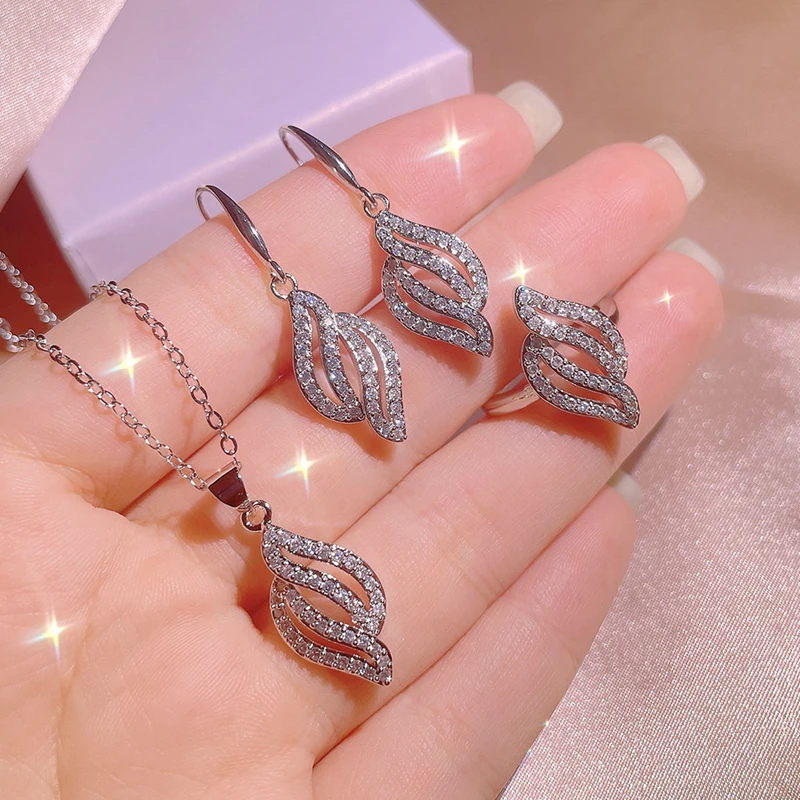 

Luxury Silver Color Jewelry Set Shine Geometric Leaf Zircon Ring Necklace Earring Set For Women Engagement Wedding Jewelry Gifts
