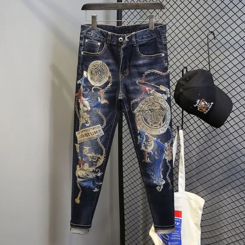 Tapered Graphic Jeans for Men with Print Hip Hop Motorcycle Mens Cowboy Pants Boot Cut Summer High Quality Straight Xs Trousers