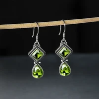 temperament vintage green long dangle earrings silver needle square waterdrop zircon stone women hook earrings luxury jewelry