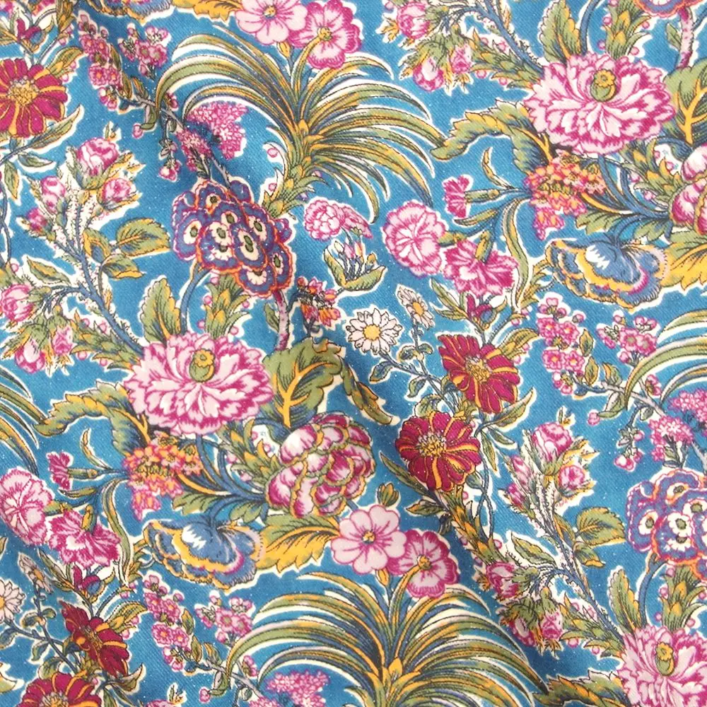 

1 Yard Cotton Woven Fabric For Cloth, Bag, Bedding, Flowers and Leave(blue), Width=140cm