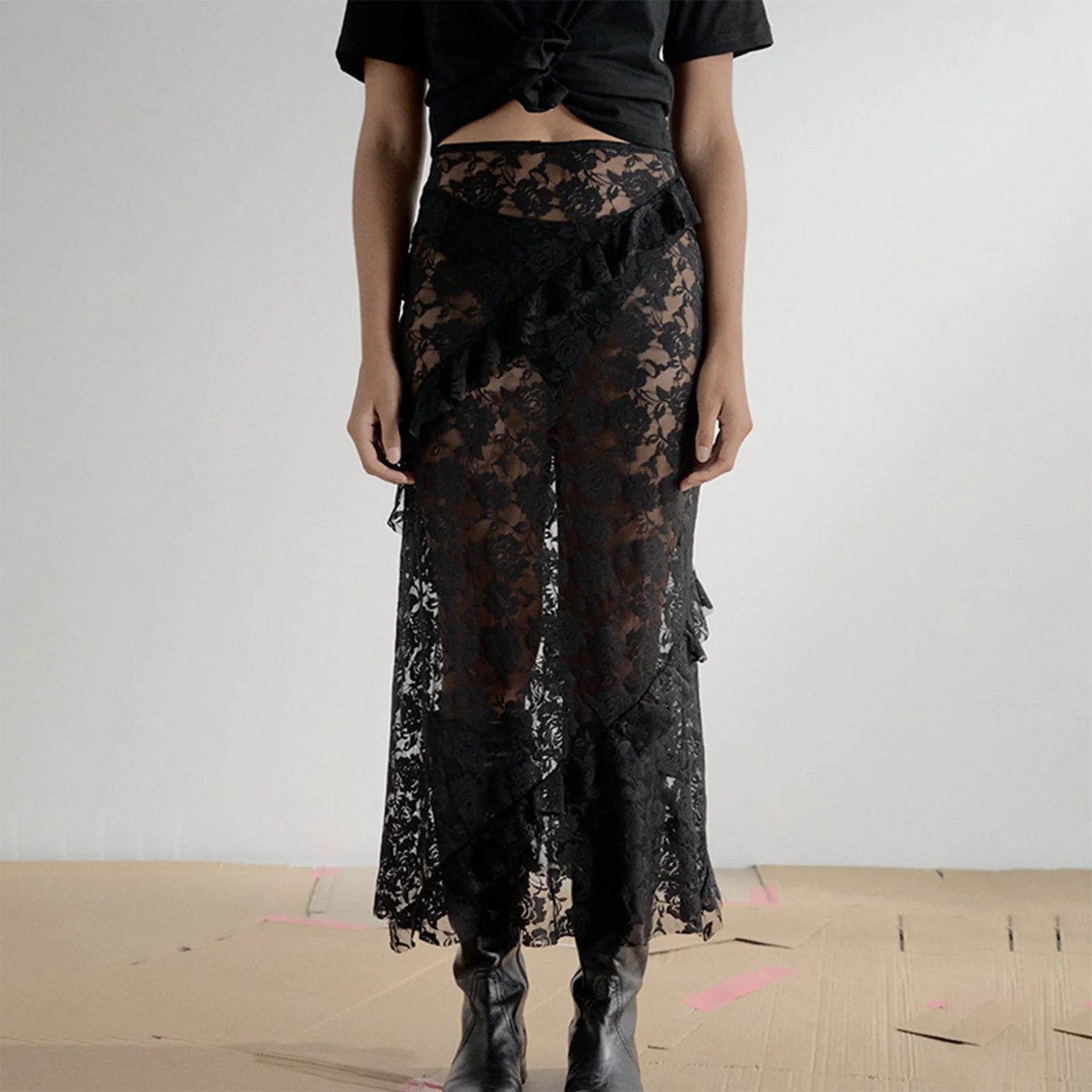 

Summer Women Sexy Slim Fit Half Skirts Solid Colour Lace Floral Print Patchwork Long Skirt Fashion Comfy Streetwear Outfit