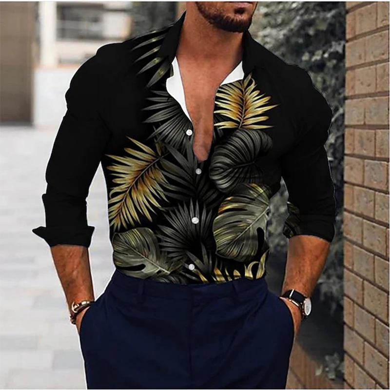 

Spring Fashion Men Shirts Oversized Casual Shirt Leaves Print Long Sleeve Tops Men's Clothing Prom Cardigan Blouses High Quality