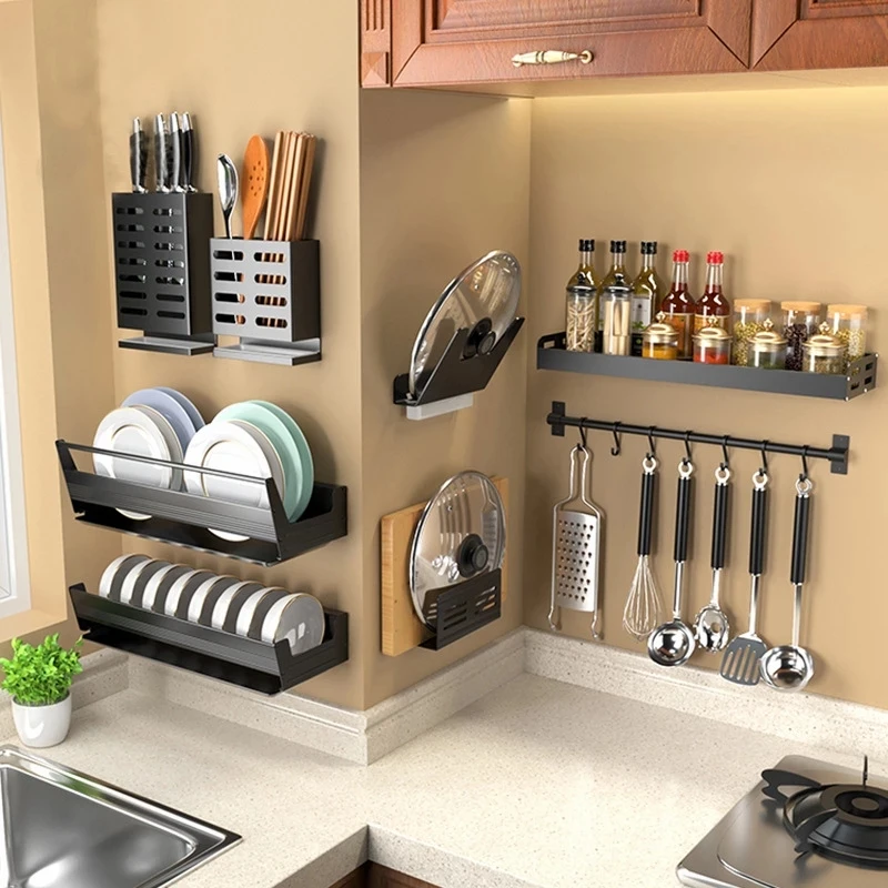 

Kitchen Space Aluminum Perforation-free Wall Mounted Black Kitchen Supplies Storage Knife Holder Shelf Hanger