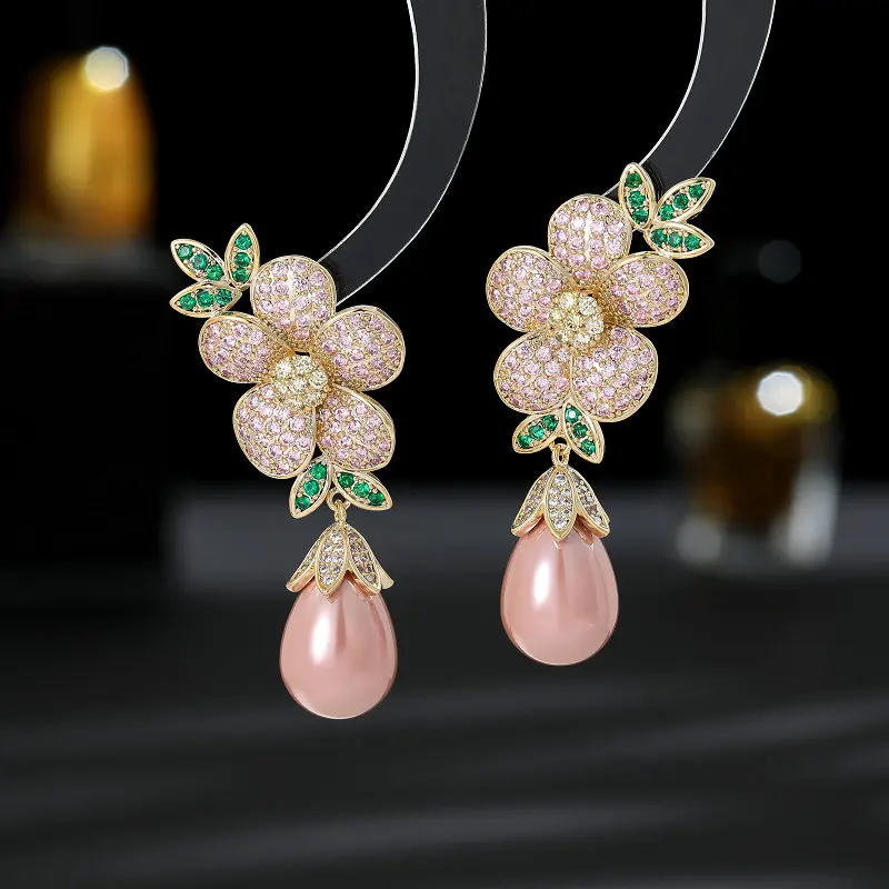 

Sweet Statement Pearl Flowers Dangle Earrings for Ladies Micro Pave Cubic Zirconia Long Temperament Fashion Eardrop Jewelry