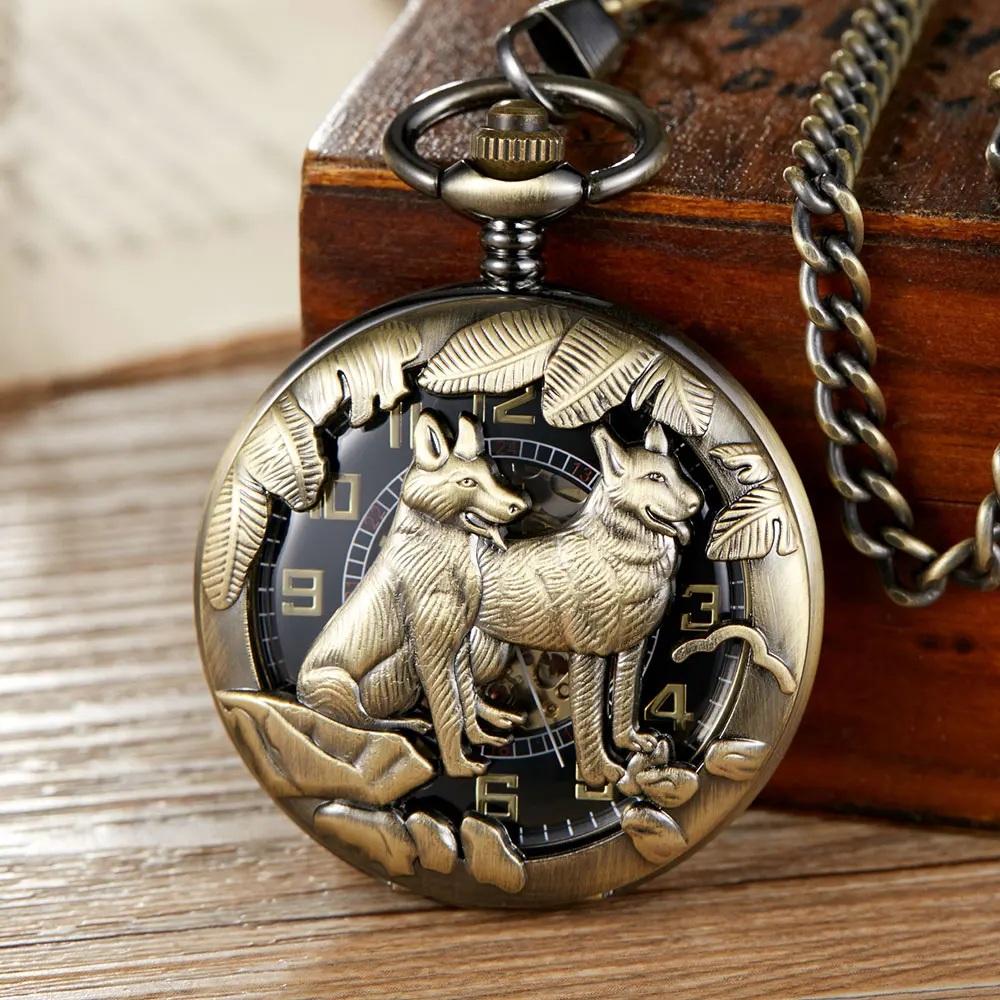 Vintage Hollow Deer Wolf Horse Skeleton Mechanical Pocket Watch Double Open Cover Fob Chain Men Steampunk Pendant Gifts Women