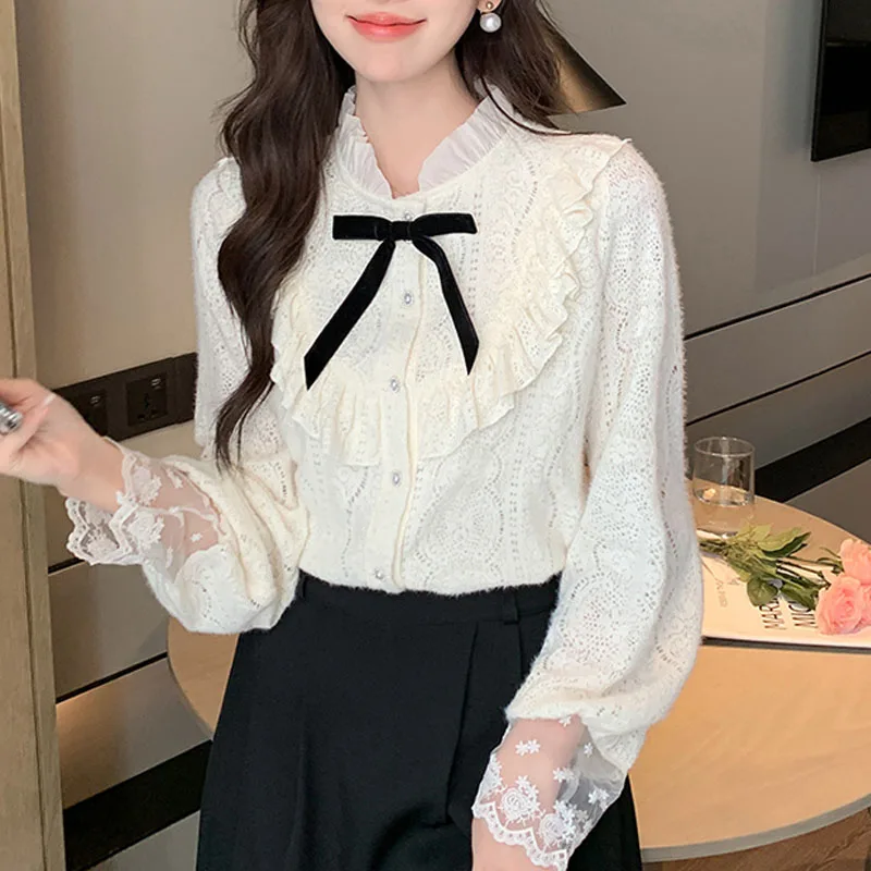 Новая женская рубашка с длинным рукавом и оборками кружевная бантом блузка
