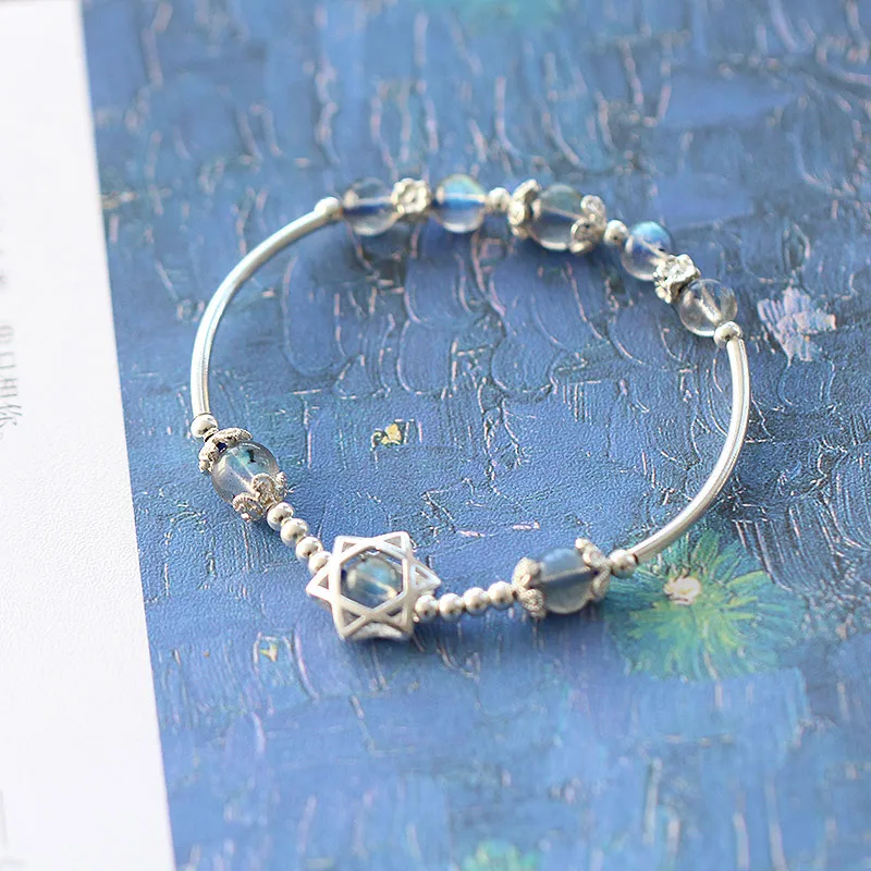 S925 David Star Bracelet Natural Moonstone Hand String Six Pointed Star Jewelry