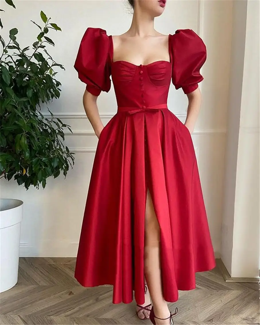 

Evening Dresses A Line Square With Half Sleeve Ankle-Length NONE Train Bow Satin Split Front/Side