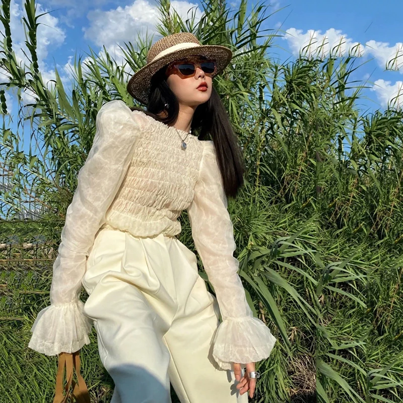 

2022 spring new French romantic retro puff sleeve lace sexy pullover bottoming shirt pleated elastic slim fit ladies short top