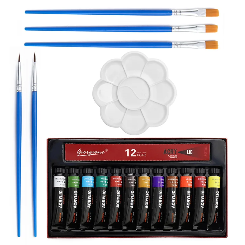 18 Piece Set 12ml 12 Color Acrylic Paint Spike Brush Palette Easy Carry DIY Painting Tools School Professional Art Supplies