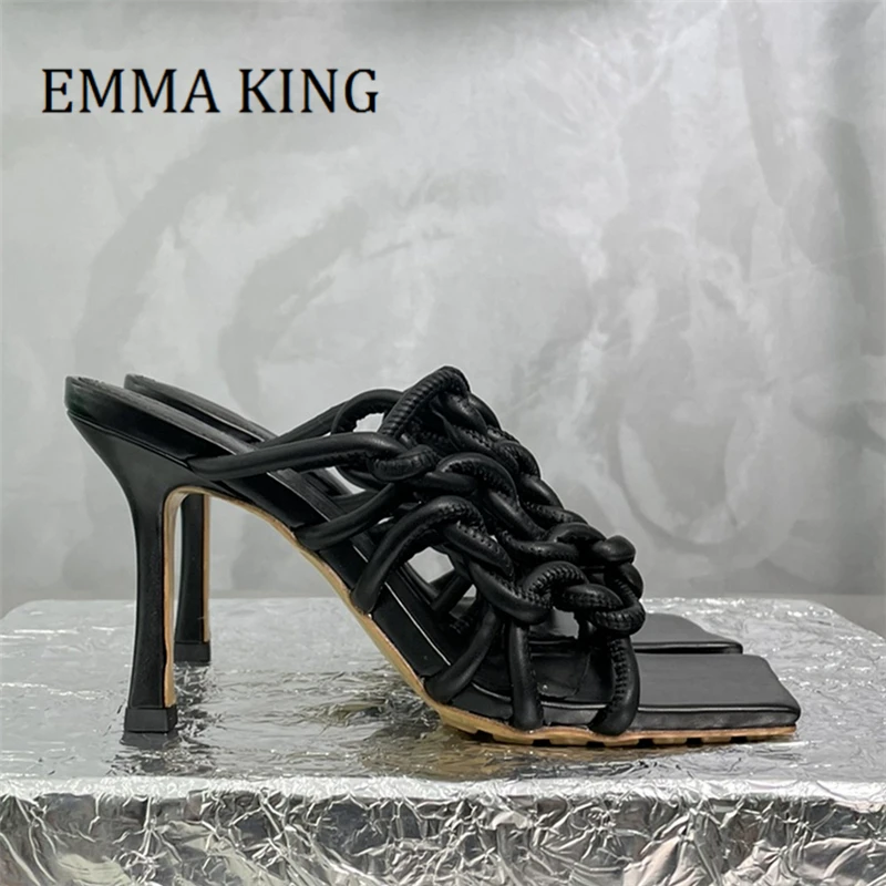 

Мюли женские металлические плетеные, винтажные кожаные тапочки с квадратным носком, модные уличные сандалии на шпильке, без застежки, лето 2023